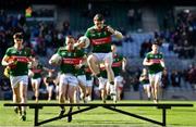 2 April 2023; Paddy Durcan of Mayo, centre, leads out the Mayo team for the team photograph before the Allianz Football League Division 1 Final match between Galway and Mayo at Croke Park in Dublin. Photo by Sam Barnes/Sportsfile