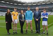 4 March 2023; In attendance, from left, are Aiste Petraityte, Wicklow Gold hurler Feilim Lynch Ward, Sarah Sharkey, Kilkenny hurler Darragh Corcoran, Uachtarán Chumann Lúthchleas Gael Larry McCarthy and Wicklow Blue hurler Finian Hughes at the 2023 Electric Ireland Celtic Challenge launch at Croke Park in Dublin. Photo by David Fitzgerald/Sportsfile