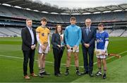 4 March 2023; In attendance, from left, are Shane Flanagan, Director of Coaching & Games, GAA, Wicklow Gold hurler Feilim Lynch Ward, Sarah Sharkey, Kilkenny hurler Darragh Corcoran, Uachtarán Chumann Lúthchleas Gael Larry McCarthy and Wicklow Blue hurler Finian Hughes at the 2023 Electric Ireland Celtic Challenge launch at Croke Park in Dublin. Photo by David Fitzgerald/Sportsfile