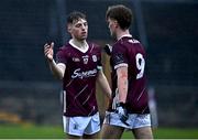 4 March 2023; Jack Lonergan of Galway, left, celebrates with team-mate Sam O'Neill after their side's victory in the EirGrid Connacht GAA Football U20 Championship semi-final match between Galway and Leitrim at St Jarlath's Park in Tuam, Galway. Photo by Sam Barnes/Sportsfile