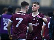 4 March 2023; Jack Lonergan of Galway, right, celebrates with team-mate Jack Folan after their side's victory in the EirGrid Connacht GAA Football U20 Championship semi-final match between Galway and Leitrim at St Jarlath's Park in Tuam, Galway. Photo by Sam Barnes/Sportsfile