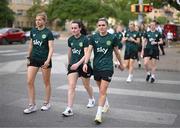4 April 2023; Republic of Ireland's players, from left, Hayley Nolan, Roma McLaughlin and Jamie Finn during a team walk near the team hotel in Austin, Texas, USA. Photo by Stephen McCarthy/Sportsfile
