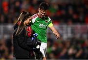 31 March 2023; Cork City physio Orla McSweeney with Cian Coleman of Cork City during the SSE Airtricity Men's Premier Division match between Cork City and Drogheda United at Turner's Cross in Cork. Photo by Eóin Noonan/Sportsfile