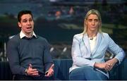 5 April 2023; RTÉ GAA panellists Lee Keegan and Cora Staunton during the RTÉ GAA Championship 2023 launch at RTÉ studios in Donnybrook, Dublin. Photo by Piaras Ó Mídheach/Sportsfile