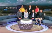 5 April 2023; Hosts, back row, from left, Jacqui Hurley, Damian Lawlor and Joanne Cantwell, with panellists, front row, from left, Lee Keegan, Cora Staunton, Peter Canavan and David Tubridy during the RTÉ GAA Championship 2023 launch at RTÉ studios in Donnybrook, Dublin. Photo by Piaras Ó Mídheach/Sportsfile