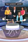 5 April 2023; Hosts, back row, from left, Jacqui Hurley, Damian Lawlor and Joanne Cantwell, with panellists Jackie Tyrell and Ursula Jacob during the RTÉ GAA Championship 2023 launch at RTÉ studios in Donnybrook, Dublin. Photo by Piaras Ó Mídheach/Sportsfile