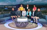 5 April 2023; Hosts, back row, from left, Jacqui Hurley, Damian Lawlor and Joanne Cantwell, with panellists, front row, from left, Jackie Tyrell, Lee Keegan, Cora Staunton, Ursula Jacob, Peter Canavan and David Tubridy during the RTÉ GAA Championship 2023 launch at RTÉ studios in Donnybrook, Dublin. Photo by Piaras Ó Mídheach/Sportsfile