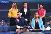 5 April 2023; Hosts, back row, from left, Jacqui Hurley, Damian Lawlor and Joanne Cantwell, with panellists Jackie Tyrell and Ursula Jacob during the RTÉ GAA Championship 2023 launch at RTÉ studios in Donnybrook, Dublin. Photo by Piaras Ó Mídheach/Sportsfile