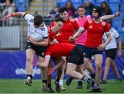 5 April 2023; Brook Glennon of Midlands is tackled by Ben O'Hare, right, and Paddy Yourell of North East during the Shane Horgan Round Five match between Midlands and North East at Energia Park in Dublin. Photo by Tyler Miller/Sportsfile