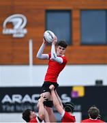 5 April 2023; Robert Wogan of North East wins possession in a lineout during the Shane Horgan Round Five match between Midlands and North East at Energia Park in Dublin. Photo by Tyler Miller/Sportsfile