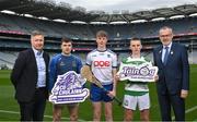 6 March 2023; In attendance, from left, are Shane Flanagan, Director of Coaching & Games, GAA, Tooreen and Mayo hurler Shane Boland,  Latton hurler Tomas McCabe, Cootehill Celtic hurler Connor Delaney and Uachtarán Chumann Lúthchleas Gael Larry McCarthy at the 2023 Táin Óg & CúChulainn launch at Croke Park in Dublin. Photo by David Fitzgerald/Sportsfile