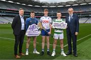 6 March 2023; In attendance, from left, are Shane Flanagan, Director of Coaching & Games, GAA, Tooreen, Mayo hurler Shane Boland, Latton hurler Tomas McCabe, Cootehill Celtic hurler Connor Delaney and Uachtarán Chumann Lúthchleas Gael Larry McCarthy at the 2023 Táin Óg & CúChulainn launch at Croke Park in Dublin. Photo by David Fitzgerald/Sportsfile