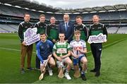 6 March 2023; In attendance, back row, from left, Ciaran Kearney, GAA National Development Competitions Coordinator, Leinster GAA Games Manager James Devane, Ulster GAA Regional Hurling Development Officer Patrick Delaney, Uachtarán Chumann Lúthchleas Gael Larry McCarthy, Ulster GAA Hurling Development Manager Kevin Kelly and Connacht GAA Games Promotion Officer Darragh Cox. Front row, from left, Tooreen and Mayo hurler Shane Boland, Cootehill Celtic hurler Connor Delaney and Latton hurler Tomas McCabe at the 2023 Táin Óg & CúChulainn launch at Croke Park in Dublin. Photo by David Fitzgerald/Sportsfile