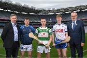6 March 2023; In attendance, from left, are Shane Flanagan, Director of Coaching & Games, GAA, Tooreen and Mayo hurler Shane Boland,  Latton hurler Tomas McCabe, Cootehill Celtic hurler Connor Delaney and Uachtarán Chumann Lúthchleas Gael Larry McCarthy at the 2023 Táin Óg & CúChulainn launch at Croke Park in Dublin. Photo by David Fitzgerald/Sportsfile
