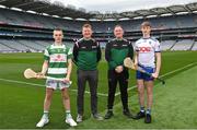 6 March 2023; In attendance, from left, Cootehill Celtic hurler Connor Delaney, Ulster GAA Hurling Development Manager Kevin Kelly, Ulster GAA Regional Hurling Development Officer Patrick Delaney and Latton hurler Tomas McCabe at the 2023 Táin Óg & CúChulainn launch at Croke Park in Dublin. Photo by David Fitzgerald/Sportsfile