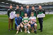 6 March 2023; In attendance, back row, from left, Ciaran Kearney, GAA National Development Competitions Coordinator, Leinster GAA Games Manager James Devane, Ulster GAA Regional Hurling Development Officer Patrick Delaney, Uachtarán Chumann Lúthchleas Gael Larry McCarthy, Ulster GAA Hurling Development Manager Kevin Kelly and Connacht GAA Games Promotion Officer Darragh Cox. Front row, from left, Tooreen and Mayo hurler Shane Boland, Cootehill Celtic hurler Connor Delaney and Latton hurler Tomas McCabe at the 2023 Táin Óg & CúChulainn launch at Croke Park in Dublin. Photo by David Fitzgerald/Sportsfile