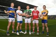 5 April 2023; In attendance, from left, Noel McGrath of Tipperary, Jamie Barron of Waterford, Mike Casey of Limerick Niall O'Leary of Cork and Ryan Taylor of Clare at the launch of the Munster GAA Championship at Pairc Ui Chaoimh in Cork. Photo by Eóin Noonan/Sportsfile