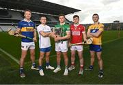 5 April 2023; In attendance, from left, Noel McGrath of Tipperary, Jamie Barron of Waterford, Mike Casey of Limerick Niall O'Leary of Cork and Ryan Taylor of Clare at the launch of the Munster GAA Championship at Pairc Ui Chaoimh in Cork. Photo by Eóin Noonan/Sportsfile