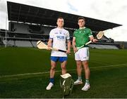5 April 2023; Jamie Barron of Waterford and Mike Casey of Limerick at the launch of the Munster GAA Championship at Pairc Ui Chaoimh in Cork. Photo by Eóin Noonan/Sportsfile