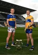 5 April 2023; Noel McGrath of Tipperary and Ryan Taylor of Clare at the launch of the Munster GAA Championship at Pairc Ui Chaoimh in Cork. Photo by Eóin Noonan/Sportsfile