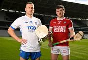 5 April 2023; Jamie Barron of Waterford and Niall O'Leary of Cork at the launch of the Munster GAA Championship at Pairc Ui Chaoimh in Cork. Photo by Eóin Noonan/Sportsfile
