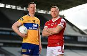 5 April 2023; Eoin Cleary of Clare and Brian Hurley of Cork at the launch of the Munster GAA Championship at Pairc Ui Chaoimh in Cork. Photo by Eóin Noonan/Sportsfile