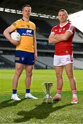5 April 2023; Eoin Cleary of Clare and Brian Hurley of Cork at the launch of the Munster GAA Championship at Pairc Ui Chaoimh in Cork. Photo by Eóin Noonan/Sportsfile