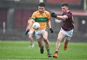 4 March 2023; Jamie McGreal of Leitrim in action against Jake Slattery of Galway during the EirGrid Connacht GAA Football U20 Championship semi-final match between Galway and Leitrim at St Jarlath's Park in Tuam, Galway. Photo by Sam Barnes/Sportsfile