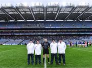 1 April 2023; Referee Anthony Nolan with his umpires before the Allianz Football League Division 3 Final match between Cavan and Fermanagh at Croke Park in Dublin. Photo by Piaras Ó Mídheach/Sportsfile