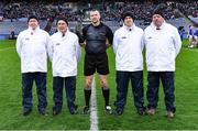 1 April 2023; Referee Anthony Nolan with his umpires before the Allianz Football League Division 3 Final match between Cavan and Fermanagh at Croke Park in Dublin. Photo by Piaras Ó Mídheach/Sportsfile