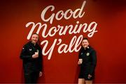 6 April 2023; Republic of Ireland's Louise Quinn, left, and Lucy Quinn during a visit to Medici Roasting coffee shop in Austin, Texas ahead of their side's international friendly double header series against USA. Photo by Stephen McCarthy/Sportsfile