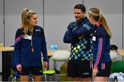 6 April 2023; LGFA development officer Vinny Whelan with Danielle Caldwell and Sinéad Cafferky during a Ladies Football coaching clinic at the Casis Elementary School during the 2023 TG4 LGFA All-Star Tour to Austin in Texas, USA. Photo by Brendan Moran/Sportsfile