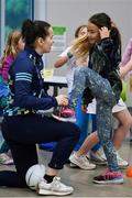 6 April 2023; Geraldine McLaughlin of Donegal with third grade students during a Ladies Football coaching clinic at the Casis Elementary School during the 2023 TG4 LGFA All-Star Tour to Austin in Texas, USA. Photo by Brendan Moran/Sportsfile