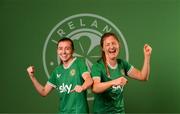 5 April 2023; Kyra Carusa, right, and Abbie Larkin pose for a portrait during a Republic of Ireland Women squad portrait session at the AC Hotel in Austin, Texas, USA. Photo by Stephen McCarthy/Sportsfile