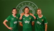 5 April 2023; Players, from left, Abbie Larkin, Kyra Carusa and Tara O'Hanlon pose for a portrait during a Republic of Ireland Women squad portrait session at the AC Hotel in Austin, Texas, USA. Photo by Stephen McCarthy/Sportsfile