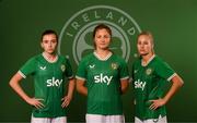 5 April 2023; Players, from left, Abbie Larkin, Kyra Carusa and Tara O'Hanlon pose for a portrait during a Republic of Ireland Women squad portrait session at the AC Hotel in Austin, Texas, USA. Photo by Stephen McCarthy/Sportsfile
