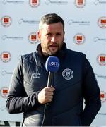 7 April 2023; St Patrick's Athletic manager Tim Clancy is interviewed by LOITV before the SSE Airtricity Men's Premier Division match between St Patrick's Athletic and Cork City at Richmond Park in Dublin. Photo by Michael P Ryan/Sportsfile
