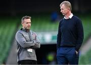 7 April 2023; Leicester Tigers consultant coach Danny Wilson and Leinster head coach Leo Cullen before the Heineken Champions Cup quarter-final match between Leinster and Leicester Tigers at the Aviva Stadium in Dublin. Photo by Harry Murphy/Sportsfile