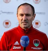 7 April 2023; Cork City manager Colin Healy is interviewed by LOITV before the SSE Airtricity Men's Premier Division match between St Patrick's Athletic and Cork City at Richmond Park in Dublin. Photo by Michael P Ryan/Sportsfile