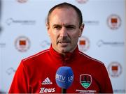 7 April 2023; Cork City manager Colin Healy is interviewed by LOITV before the SSE Airtricity Men's Premier Division match between St Patrick's Athletic and Cork City at Richmond Park in Dublin. Photo by Michael P Ryan/Sportsfile