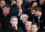 7 April 2023; President of Ireland Michael D Higgins, centre, with Bohemians chief operating officer Daniel Lambert during the SSE Airtricity Men's Premier Division match between Bohemians and Shamrock Rovers at Dalymount Park in Dublin. Photo by Seb Daly/Sportsfile