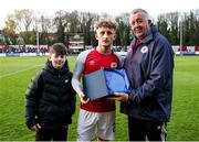 7 April 2023; Sean Hall, CEO of Manguard Plus, right, and Jamie Wolfe present Sam Curtis with his Player of the Month Award for March before the SSE Airtricity Men's Premier Division match between St Patrick's Athletic and Cork City at Richmond Park in Dublin. Photo by Michael P Ryan/Sportsfile