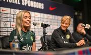7 April 2023; Denise O'Sullivan, left, and manager Vera Pauw during a Republic of Ireland women press conference in Austin, Texas ahead of their side's international friendly double header series against USA. Photo by Stephen McCarthy/Sportsfile