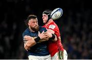 7 April 2023; Andrew Porter of Leinster is tackled by Cameron Henderson of Leicester Tigers during the Heineken Champions Cup quarter-final match between Leinster and Leicester Tigers at the Aviva Stadium in Dublin. Photo by Harry Murphy/Sportsfile