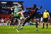 7 April 2023; Daniel Cleary of Shamrock Rovers in action against Jonathan Afolabi of Bohemians during the SSE Airtricity Men's Premier Division match between Bohemians and Shamrock Rovers at Dalymount Park in Dublin. Photo by Seb Daly/Sportsfile