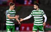 7 April 2023; Neil Farrugia of Shamrock Rovers, right, celebrates with teammate Daniel Cleary after scoring their side's first goal during the SSE Airtricity Men's Premier Division match between Bohemians and Shamrock Rovers at Dalymount Park in Dublin. Photo by Seb Daly/Sportsfile