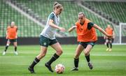 7 April 2023; Sinead Farrelly, left, and Abbie Larkin during a Republic of Ireland women training session at Q2 Stadium in Austin, Texas, USA. Photo by Stephen McCarthy/Sportsfile