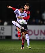7 April 2023; Rayhaan Tulloch of Dundalk in action against Frank Liivak of Sligo Rovers during the SSE Airtricity Men's Premier Division match between Dundalk and Sligo Rovers at Oriel Park in Dundalk, Louth. Photo by Ben McShane/Sportsfile