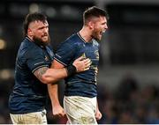7 April 2023; Ross Byrne and Andrew Porter of Leinster celebrate the awarding of a penalty during the Heineken Champions Cup quarter-final match between Leinster and Leicester Tigers at the Aviva Stadium in Dublin. Photo by Harry Murphy/Sportsfile