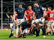 7 April 2023; Scott Penny of Leinster celebrates with teammates James Ryan and Jason Jenkins after scoring his side's fifth try during the Heineken Champions Cup quarter-final match between Leinster and Leicester Tigers at the Aviva Stadium in Dublin. Photo by Harry Murphy/Sportsfile